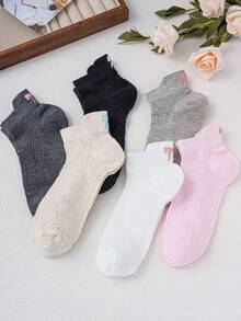 6 Pairs New Spring/Summer Fashion Solid Color Bow Embroidery Print Women's Lightweight Hollow-Out Sweat-Absorbent Random Color Elastic Short Socks, Elegant Versatile Breathable Durable - Multicolor - View 3