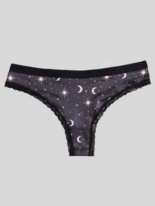 Dircho 1 pièce Tanga avec imprimé Soleil & Lune et bordure en dentelle, culotte confortable taille basse pour femmes - Multicolore - Voir 7
