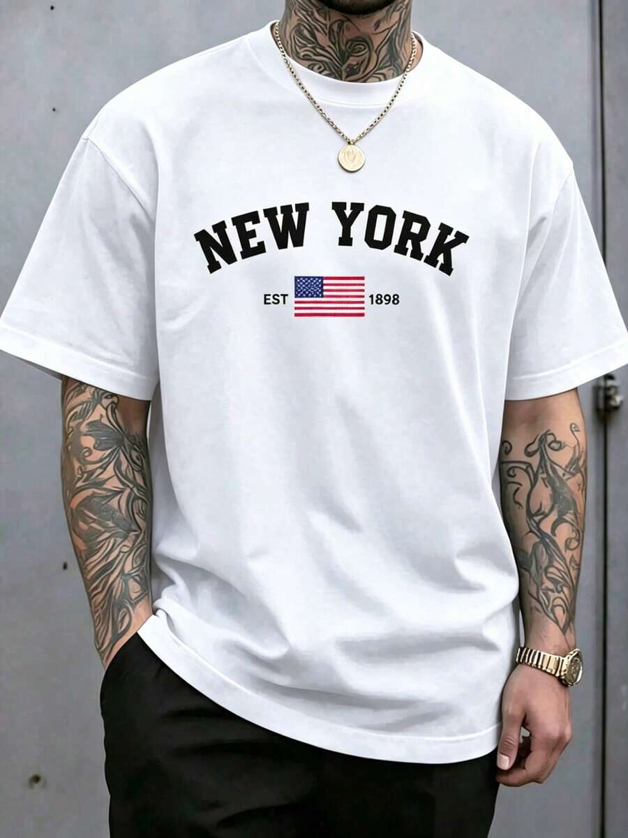 Camiseta casual para hombre con estampado de la bandera estadounidense y letras, para el verano. - estilo2 - Ver 1