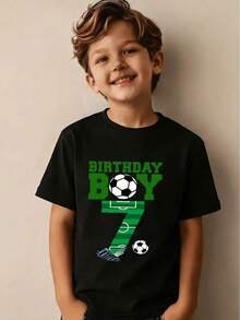 Boy's Number 7 Birthday Party T-Shirt, Featuring A "Birthday Boy" Print In Green Lettering, A Casual Short-Sleeved Sporty Style With Stadium Numbers And A Soccer Ball Design. - 黑色 - 查看 1