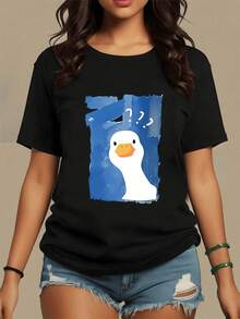 Women's Shirt With A Curious Duck Print On A Watercolor Blue Background, Fun And Casual Fashion, Ideal For An Original And Comfortable Look. Pure Cotton - 黑色 - 查看 1