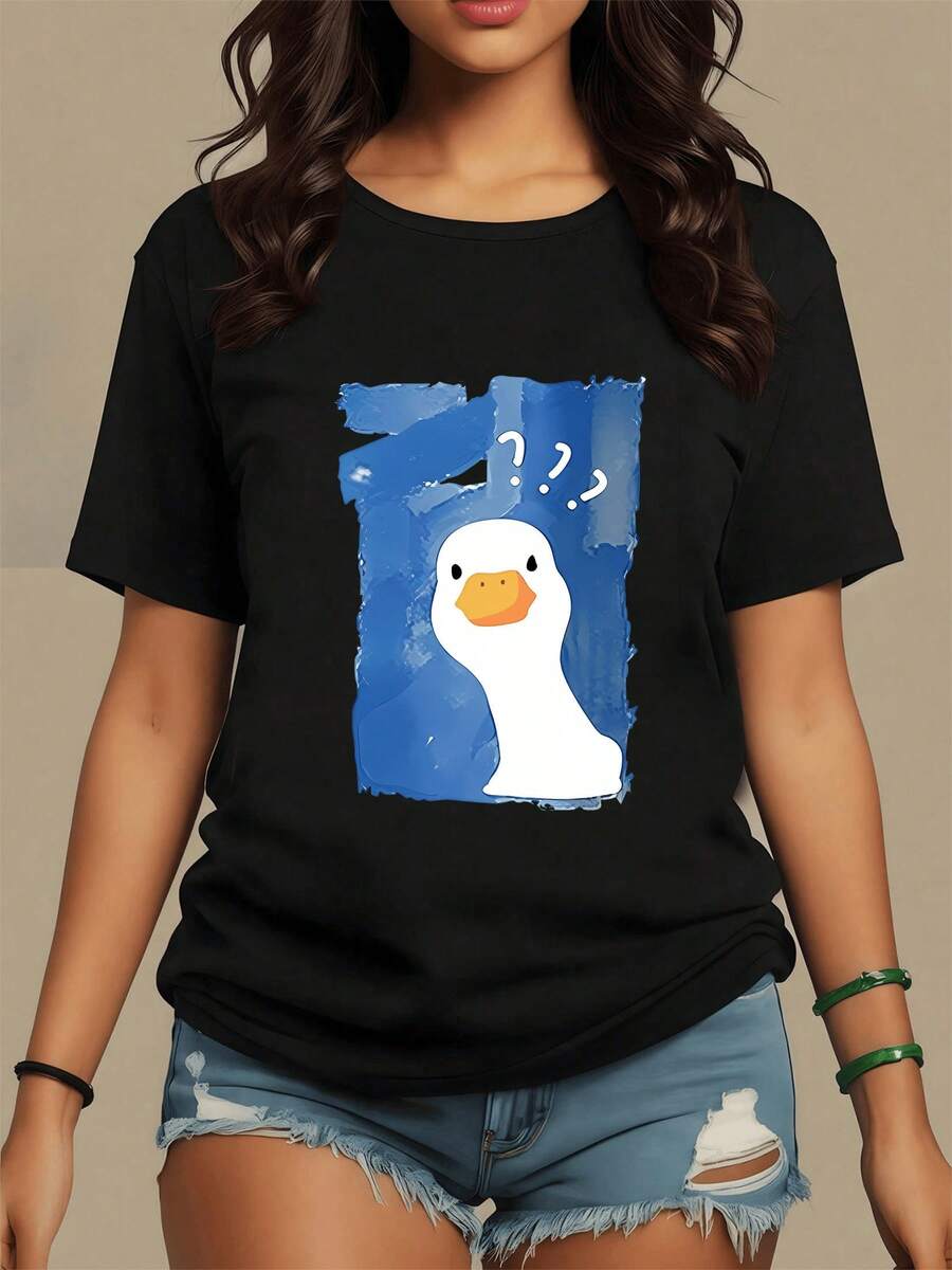 Women's Shirt With A Curious Duck Print On A Watercolor Blue Background, Fun And Casual Fashion, Ideal For An Original And Comfortable Look. Pure Cotton - 黑色 - 查看 1