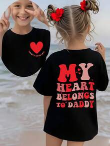 Camiseta de manga corta para el Día del Padre 'Summer Fashion Girls' con estampado de corazón y la frase 'DADDY'S LITTLE LOVE MY HEART BELONGS TO DADDY' y otros patrones de dibujos animados - Burdeos - Ver 8
