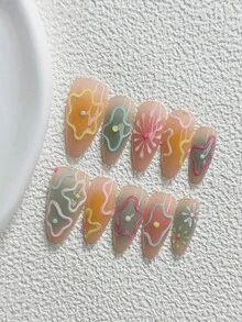 10pcs Graffiti Style Handmade Press-On Nails, Polygel Nail Art Set, Striped Hand-Painted Floral Design, Pink, Yellow, Green And Blue Nail Polish, Sweet Style, Includes Nail Tools, 3 Sizes Available, Almond, Duck, Coffin Shape, Suitable For Party, Dancing, Daily Wear - 彩色 - 查看 14