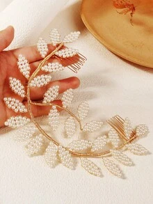 1pc Luxury Gold Metal Twisted Wire Faux Pearl Leaf Headband Hair Comb Bridal Hair Accessory For Banquet And Formal Occasions - Gold - View 7