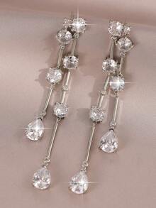 1pair Luxury Round & Water Drop Cut Cubic Zirconia Double Long Tassel Dangle Earrings For Women Wedding Engagement Anniversary Party Jewelry Gift - White - View 9