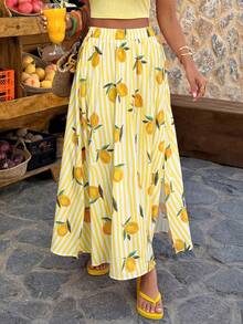 Flora Isola Flora Isola 1 pieza Falda de mujer a rayas con estampado de frutas coloridas, corte en A, holgada, casual, para vacaciones, playa y uso diario, primavera/verano - Multicolor - Ver 1