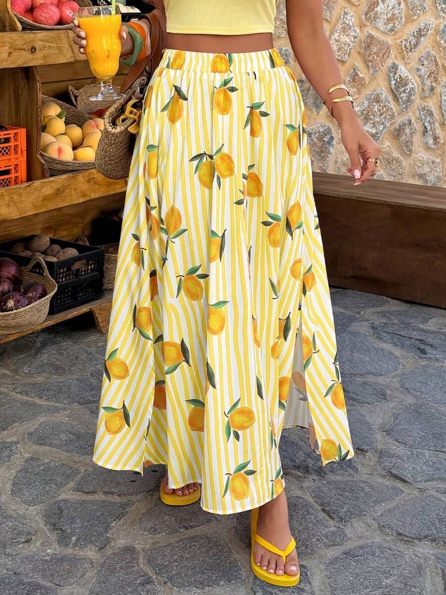 Flora Isola Flora Isola 1 pieza Falda de mujer a rayas con estampado de frutas coloridas, corte en A, holgada, casual, para vacaciones, playa y uso diario, primavera/verano - Multicolor - Ver 1