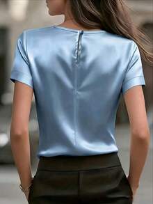 Elegant Women's Plain-Colored Fitted T-Shirt, Formal For The Office - 藍色 - 查看 3