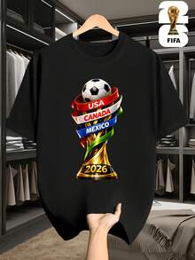 Remera Casual Fresca de Verano Hombre Mujer Diseño Realista Trofeo Dorado  2026, Ropa Cómoda para Ver Partidos y Reuniones de Aficionados - Negro - Ver 1