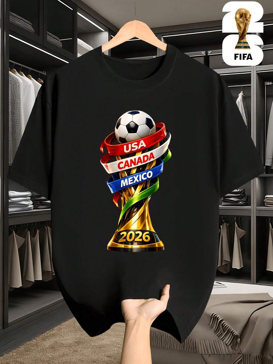 Remera Casual Fresca de Verano Hombre Mujer Diseño Realista Trofeo Dorado  2026, Ropa Cómoda para Ver Partidos y Reuniones de Aficionados - Negro - Ver 1