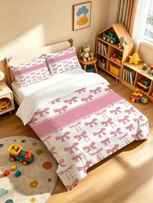 2/3PCS Pink Bow Customizable Name Printed Duvet Cover, Gentle And Sweet Girl'S Minimalist Style Polyester Bedding, Suitable For Girls, Bedroom Home, Dormitory Nap, And Girls' Birthday Exclusive Customization - Multicolor - View 3