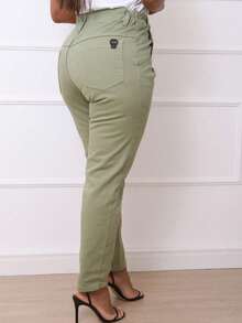 Women's Traditional Jeans With Metal Button - Olive Green - View 2