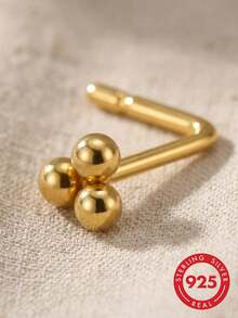 lunastudio 1 pieza de pendiente de nariz minimalista de plata de ley 925 chapada en oro de 18K con 3 bolas y barra en L, adecuado para el uso diario de las mujeres - Dorado - Ver 2
