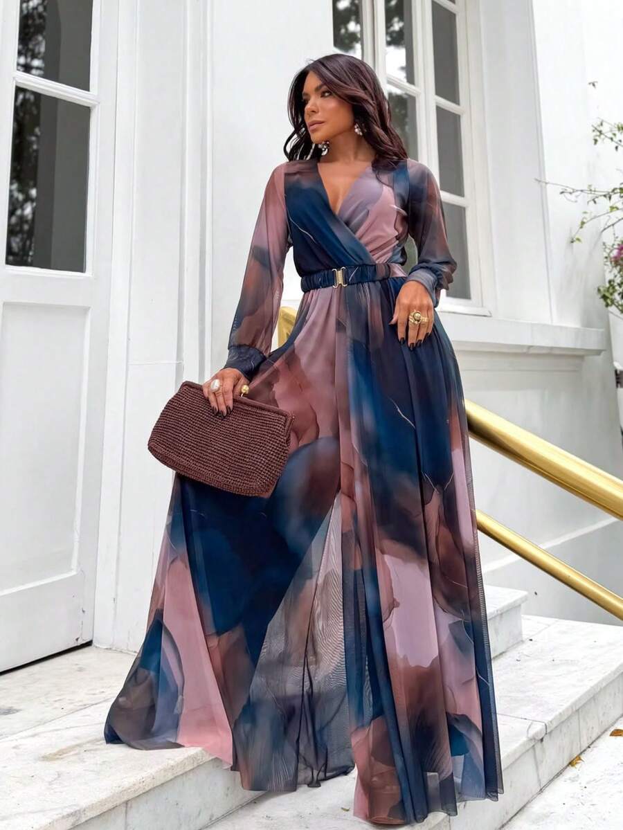 Women's Long Sleeve Jumpsuit, Semi-Transparent, Lined, Lightweight, V-Neck, Comfortable, Fresh, Casual, Elegant, Sizes M And L, Printed And Solid - 霧霾藍 - 查看 1