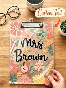 1Pc Personalized Teacher Acrylic Clipboard With Custom Name, Floral/Doodle Style, Thickened Durable Board, Back To School & Teacher Appreciation Gift, Ideal For Classroom Organization, Perfect For Teachers, Mr, Mrs, Miss, Educators - Multicolor - View 1