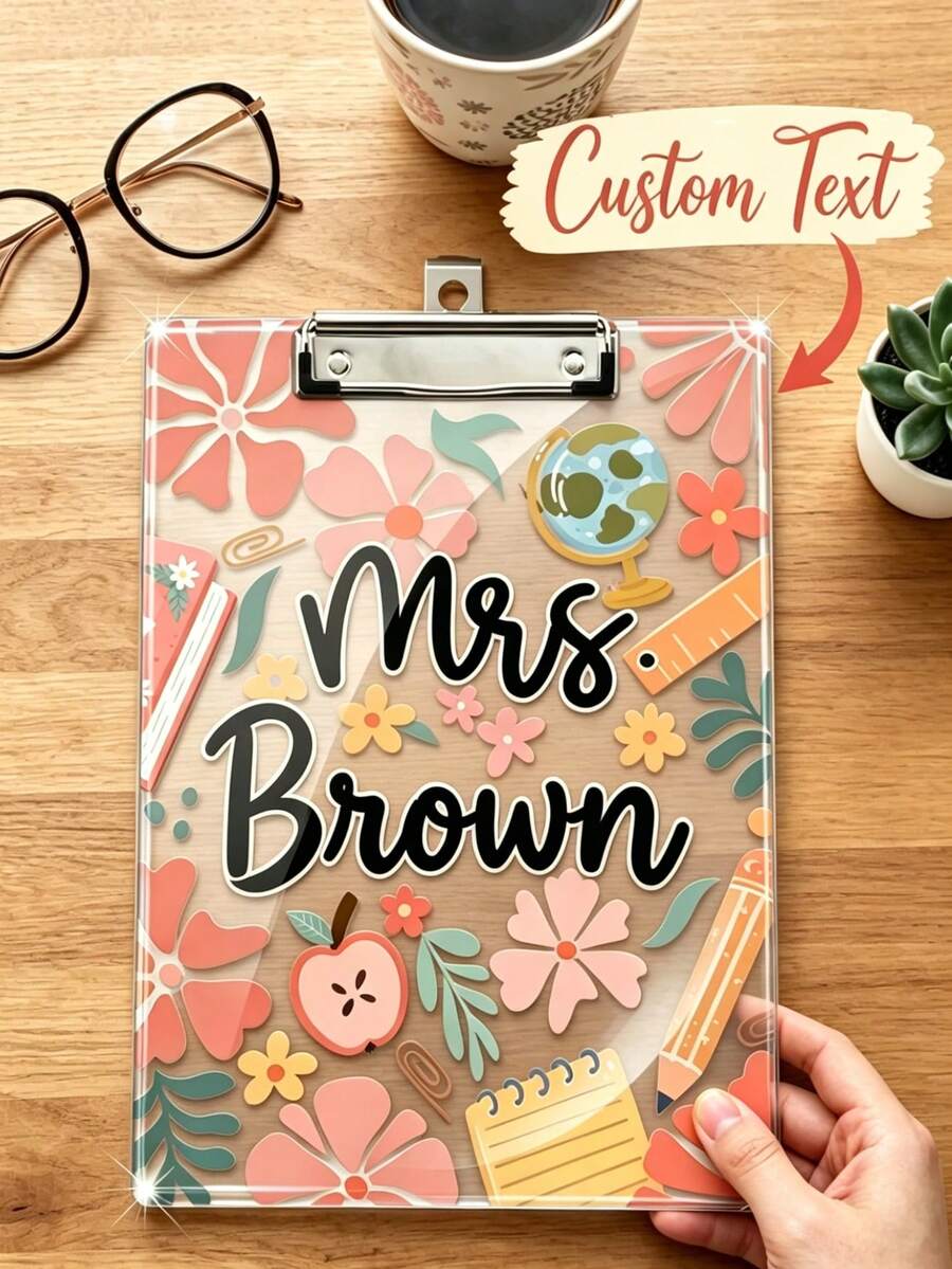 1Pc Personalized Teacher Acrylic Clipboard With Custom Name, Floral/Doodle Style, Thickened Durable Board, Back To School & Teacher Appreciation Gift, Ideal For Classroom Organization, Perfect For Teachers, Mr, Mrs, Miss, Educators - Multicolor - View 1