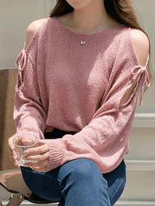 European Style Batwing Sleeve Sweater For Spring/Summer, Loose Top With V-Neck And Lantern Sleeves. - Pink - View 3