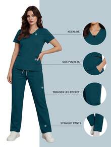 Women's Beauty Salon Spa Esthetician Doctor Nurse Hospital Care Dental Scrub Uniform 2-Piece Set Fall - Teal Blue - View 1