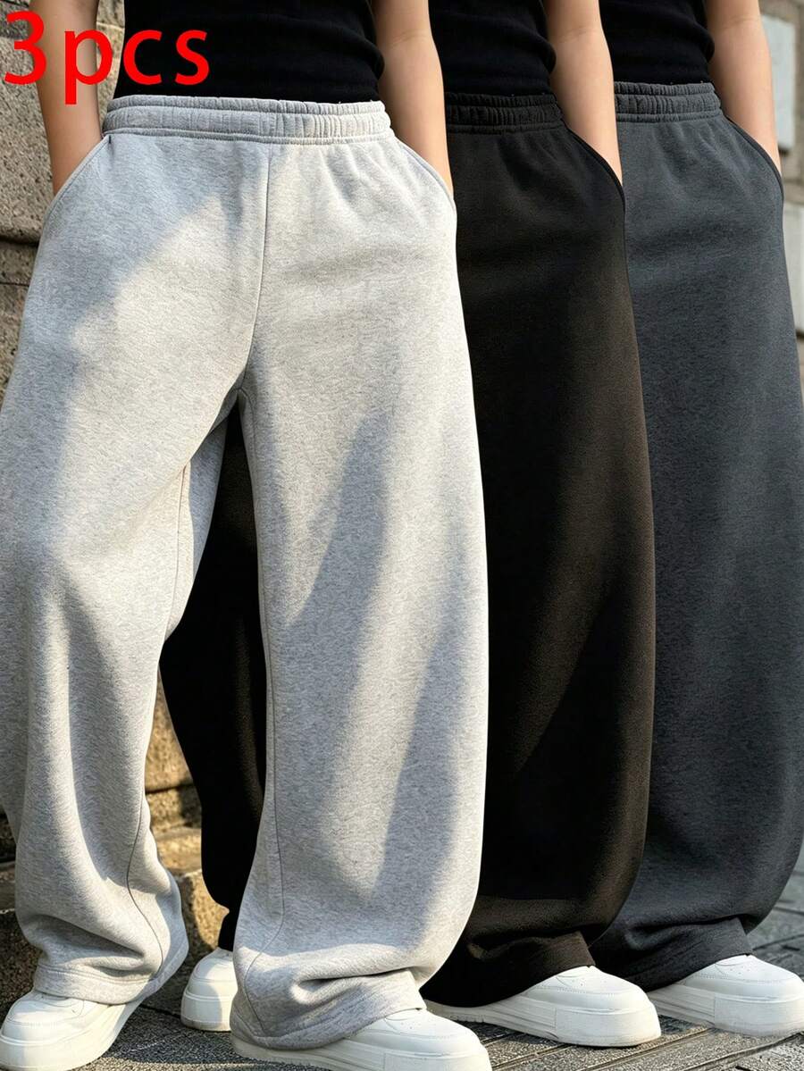 3件組青少年男孩休閒運動個性化寬腿直筒長褲 春秋冬款 - 彩色 - 查看 1