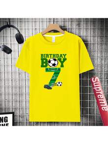 Boy's Number 7 Birthday Party T-Shirt, Featuring A "Birthday Boy" Print In Green Lettering, A Casual Short-Sleeved Sporty Style With Stadium Numbers And A Soccer Ball Design. - Kuning - View 4