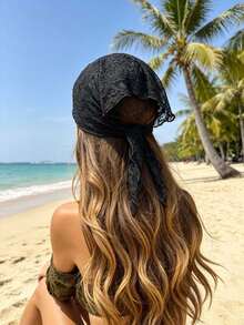 1pc Black & White Lace Hollow Triangle Bandana Headband, Beach Vacation Travel Outfit Accessory, Fashion Waist Wrap Hip Scarf, Premium Solid Color Headband - Multicolor - View 10