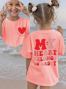 Camiseta de manga corta para el Día del Padre 'Summer Fashion Girls' con estampado de corazón y la frase 'DADDY'S LITTLE LOVE MY HEART BELONGS TO DADDY' y otros patrones de dibujos animados - Burdeos - Ver 7