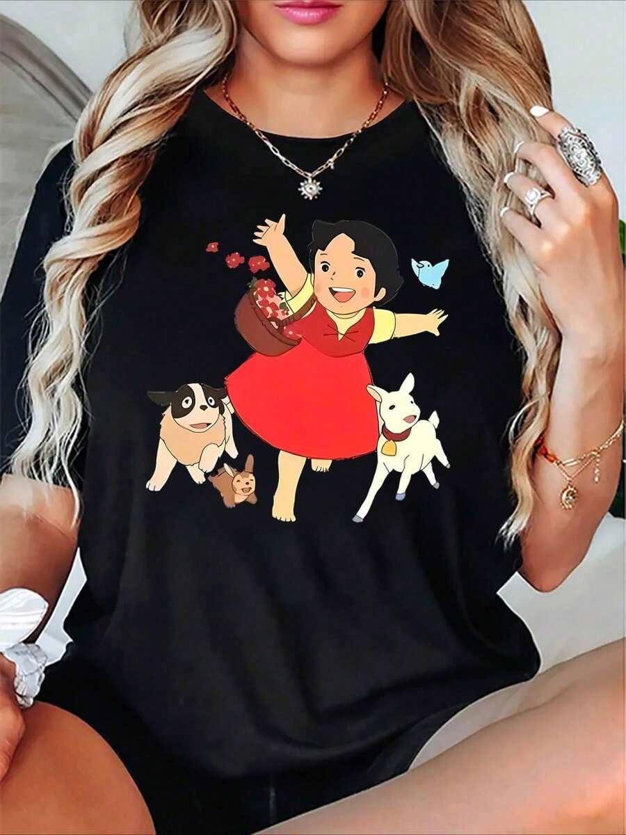 Women's Casual Summer T-Shirt With Mexican Animal Print, Round Neck And Short Sleeve, 100% Cotton, 220g Thick Cotton. - 黑色 - 查看 1