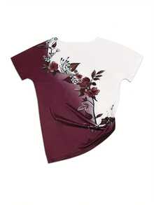 New Women's Short-Sleeved T-Shirt, European And American Style, With Round Neck, Floral Print, Color Block Design, Slim And Casual Fit. - Burgundy - View 3