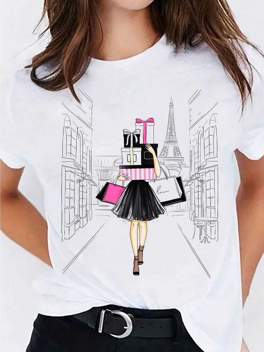 2026 Blouses For Women2026 Blouses For Women2026 Blouses For WomenChic Shopping Graphic T-Shirt For Women - Parisian Style Design Featuring The Eiffel Tower And Fashionable Illustrations, Pe - 白色 - 查看 1