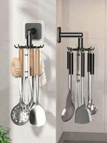 3/1pc Rotating Bathroom Hook, Multi-Function 6-Claw Hook, No Drilling No Adhesive, Plastic Cabinet Use, Retractable Kitchen Utensil Storage Rack - Multicolor - View 2