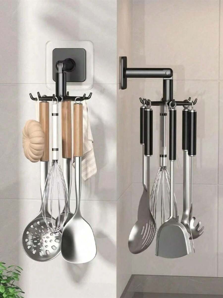 3/1pc Rotating Bathroom Hook, Multi-Function 6-Claw Hook, No Drilling No Adhesive, Plastic Cabinet Use, Retractable Kitchen Utensil Storage Rack