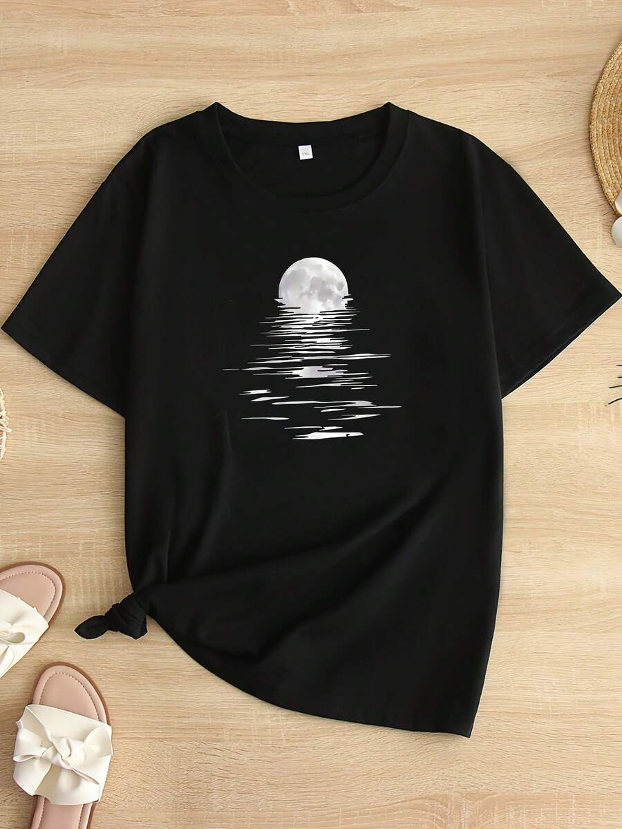 Camiseta Casual de Manga Corta para Mujer - Estampado de Luna Celestial y Estrellas en Negro con Cuello Redondo, Cómoda para Todas las Temporadas, Uso Diario, Diseño Moderno, C - Negro - Ver 1