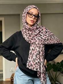 1件裝女款波希米亞風時尚豹紋頭巾，街頭風百搭柔軟透氣圍巾，適合日常穿搭 - 黑粉 - 查看 4