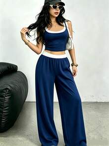 Teenager INS Style American Cami Tank Top Set, Round Neck Tank Top Paired With Wide Leg Pants 2 Pieces Set - Blue - View 2