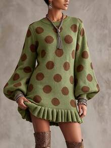 Vintage Matcha Green Large Polka Dot Knit Long Loose Fit Women's Sweater With Puff Lantern Sleeves And Ruffle Hem Vacation Fall - Green - View 8