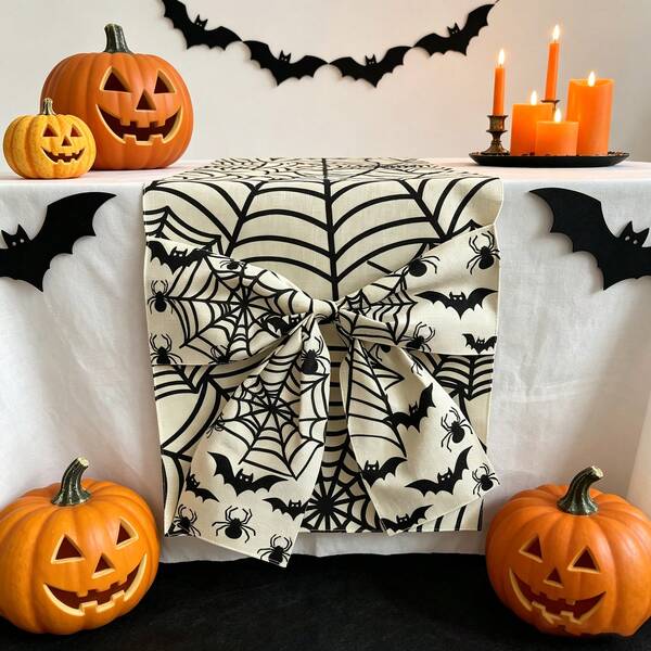 Halloween Bow Ghost Mushroom Bat Pattern Table Runner - Undead Halloween Holiday Decor Pillowcase, 100% Polyester Rectangular Kitchen Dining Tablecloth Chair Cover, Home Party Decoration Autumn Tabletop Arrangement | Floral Table Runner | Polyester Table Runner
