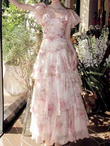 Women's Romantic Pink Floral Evening Cocktail Dress With Ruffle Hem, Elegant For Graduation Prom, Tea Party, Wedding Guest, Holiday Beach Fall - Baby Pink - View 8