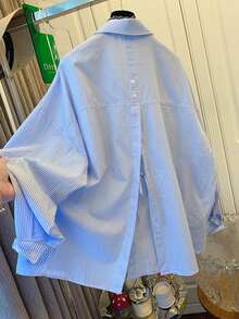 Women's Striped Loose Long Sleeve Shirt, Casual Button-Up Top, Woven Fabric, Plus Size Fashion - Blue and White Stripes - View 4