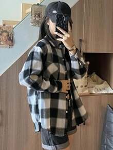 Home Vacation Casual Plaid Shirt Female Students Korean Version Loose Collar Long Sleeve Shirt Thin Jacket Blouse Female Jacket - 白色 - 查看 8
