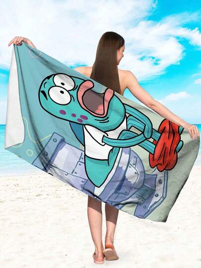 Funny Blue Fish Toilet Cartoon Print Microfiber Large Size Beach Towel, Soft Skin-Friendly Quick-Dry Absorbent Beach Wrap, Anime Lover Swimming Blanket, Home Throw Blanket, Lawn Picnic Mat, Multi-Functional Funny Floor Mat