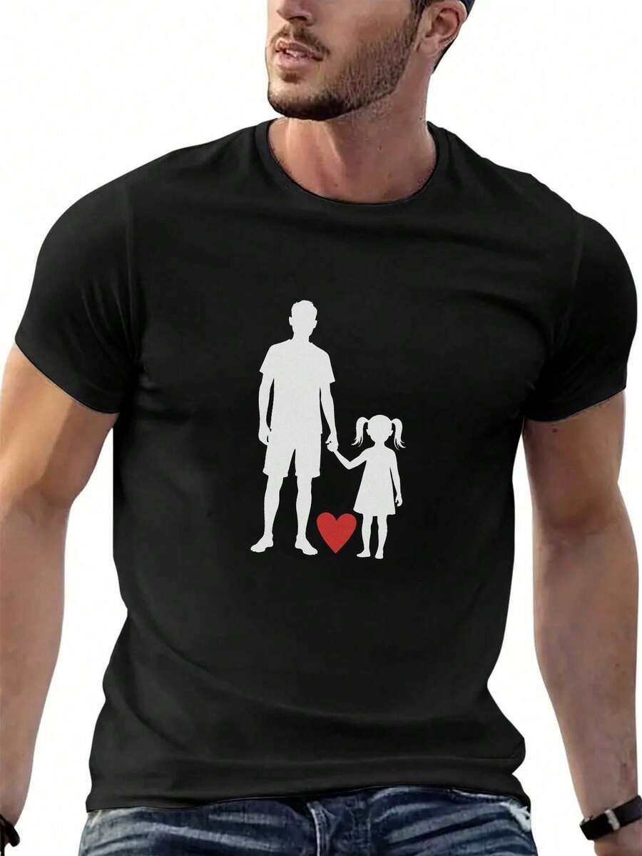 Men's T-Shirt With A Print Of A Father And Son Holding Hands, Regular Fit, Casual Short-Sleeved Style, A Design That Reinforces The Bond, Comfortable To Wear - 黑色 - 查看 1