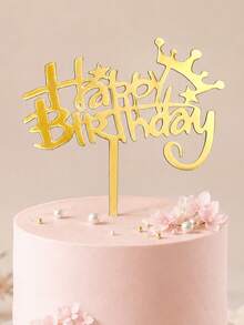 3pcs Gold Mirror Acrylic Happy Birthday Cake Topper With Crown Star Swirl Detail, Bold Graffiti Font With Stick, Sturdy Mirror PMMA For Kids & Teens Birthday Cake Decoration - C - View 3