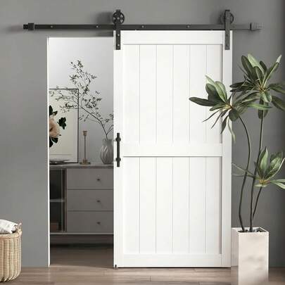 HOMCOM 42"X84" Sliding Barn Door With 7FT Sliding Door Hardware Kit & Industrial Handle, Upgraded Rollers And Floor Guide, Waterproof PVC Surface, Pre-Drilled Easy Assembly, White