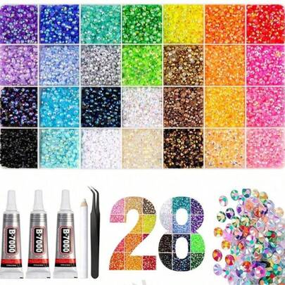 Bộ 28 màu đá đính lưng phẳng bằng nhựa resin kèm 3 lọ keo B7000, nhíp, bút chấm, đá đính nhiều kích cỡ ánh xà cừ, bộ thủ công DIY đính đá cho ốp điện thoại, váy, giày, túi xách
