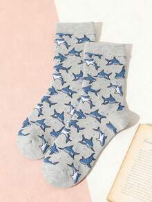 1 Pair Men's Cartoon Shark Fun INS Cute Unisex Cartoon Sports Socks, Mid-Calf Skateboard Socks, Autumn Style - Multicolor - View 7