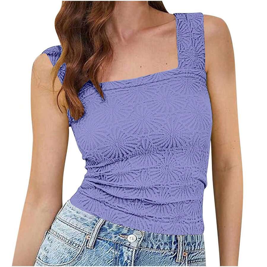 Women's Sleeveless Square Neck Jacquard Elastic Top Summer 2026 European-American - Purple - View 1