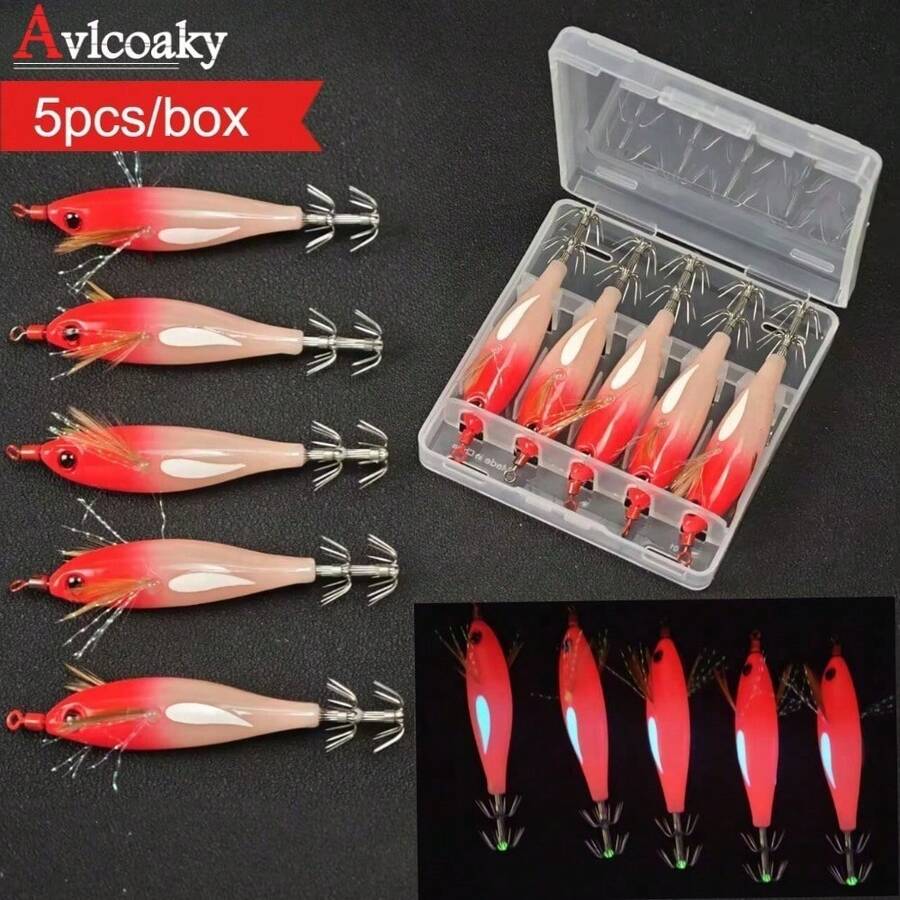 Avlcoaky 5件組發光橫向蝦餌魚鉤 - 紅白色 - 查看 1