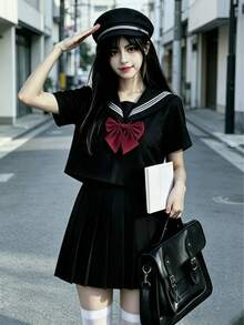 日系可愛校園風水手領 Cosplay 制服，純黑色附領結與百褶裙，3 件組 JK 水手服秋季款 - 黑色 - 查看 2