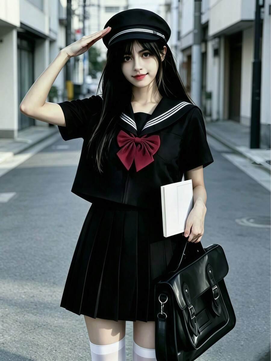 日系可愛校園風水手領 Cosplay 制服，純黑色附領結與百褶裙，3 件組 JK 水手服秋季款